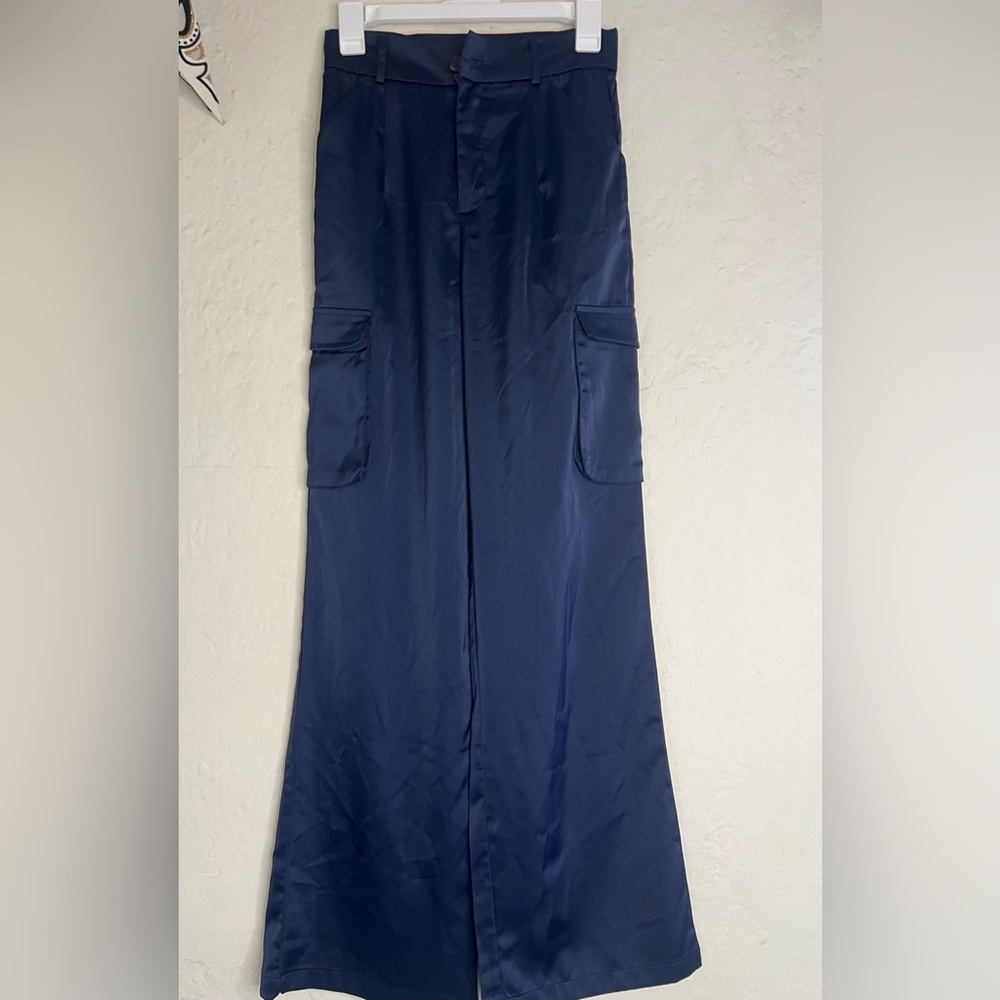 Navy Satin Wide-Leg Pants